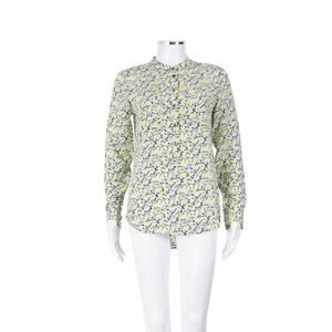 Equipment Femme Micro Floral Print Collarless Blouse Blue and Yellow Size XS